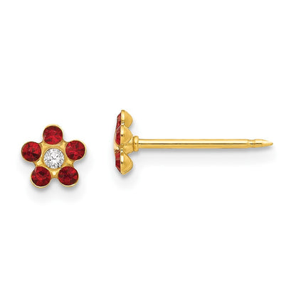 14k Yellow Gold July Red Crystal Birthstone Flower Stud Earrings