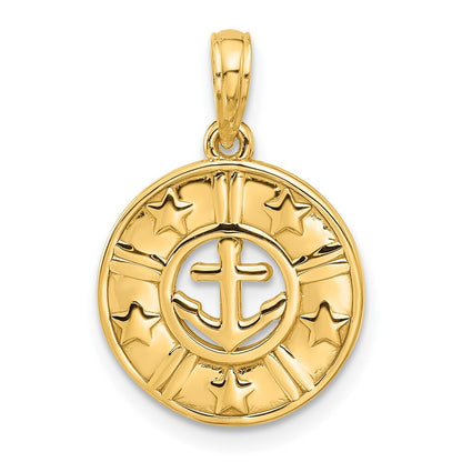 14k Yellow Gold Polished Anchor and Stars Charm Pendant for Women