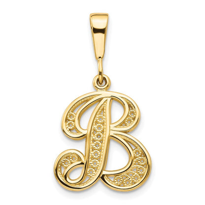 14k Yellow Gold Polished Script Filigree Letter B Initial Pendant