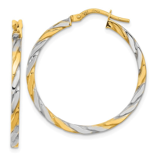 14k Yellow Gold & White Rhodium Polished & Twist Hoop Earrings
