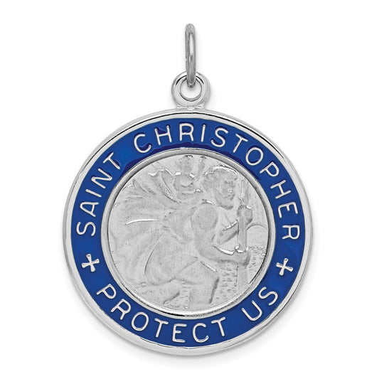 Sterling Silver Rhodium-plated Enamel St. Christopher Medal Pendant