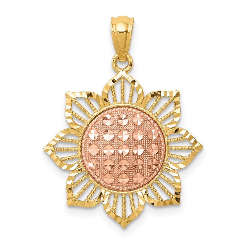 14k Two-tone Gold Diamond-Cut Sunflower Pendant for Women