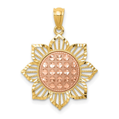 14k Two-tone Gold Diamond-Cut Sunflower Pendant for Women