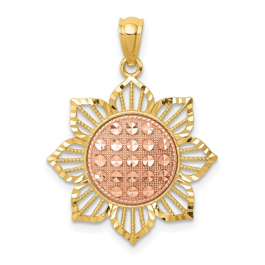 14k Two-tone Gold Diamond-Cut Sunflower Pendant for Women