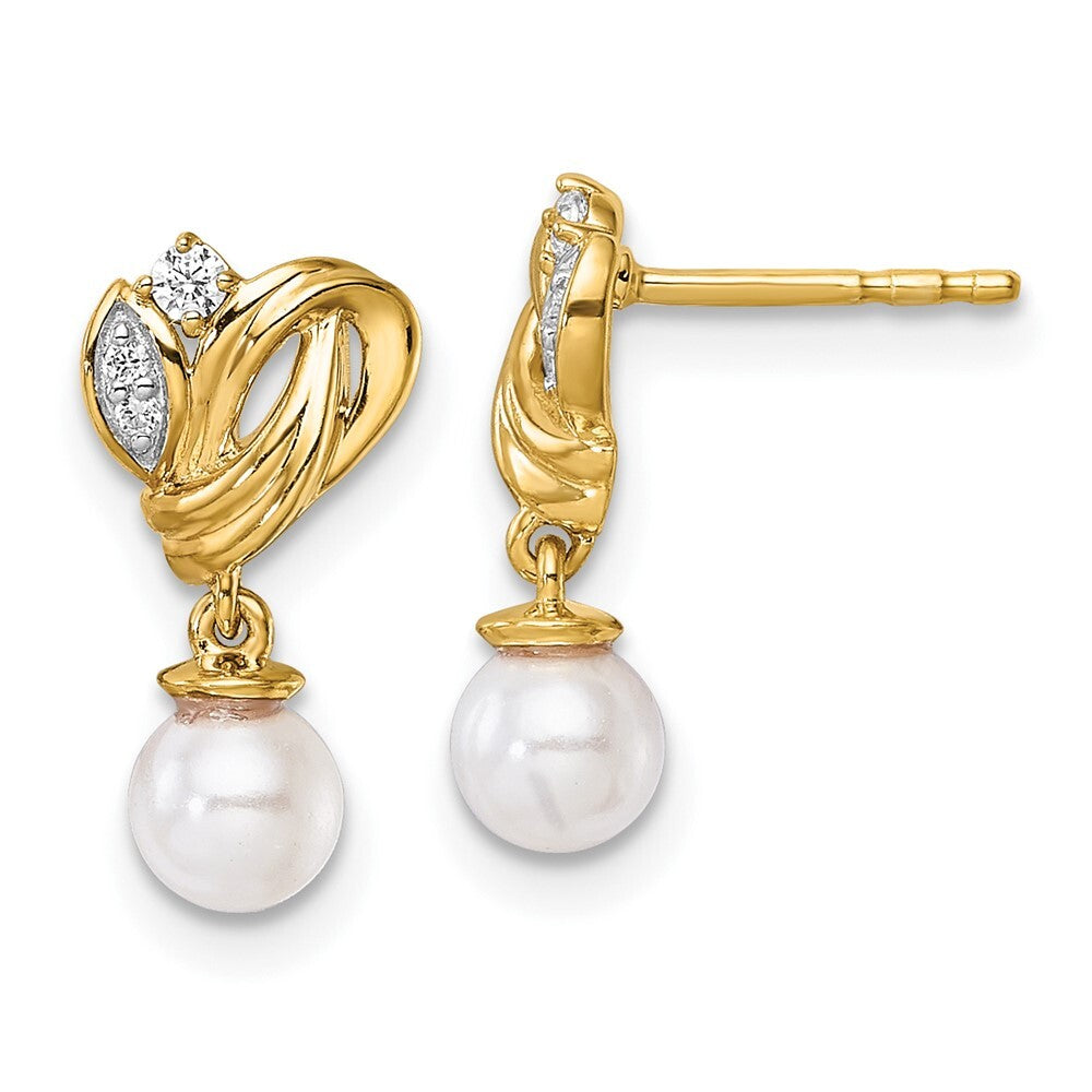 14k Yellow Gold Polished Diamond and Pearl Dangle Earrings