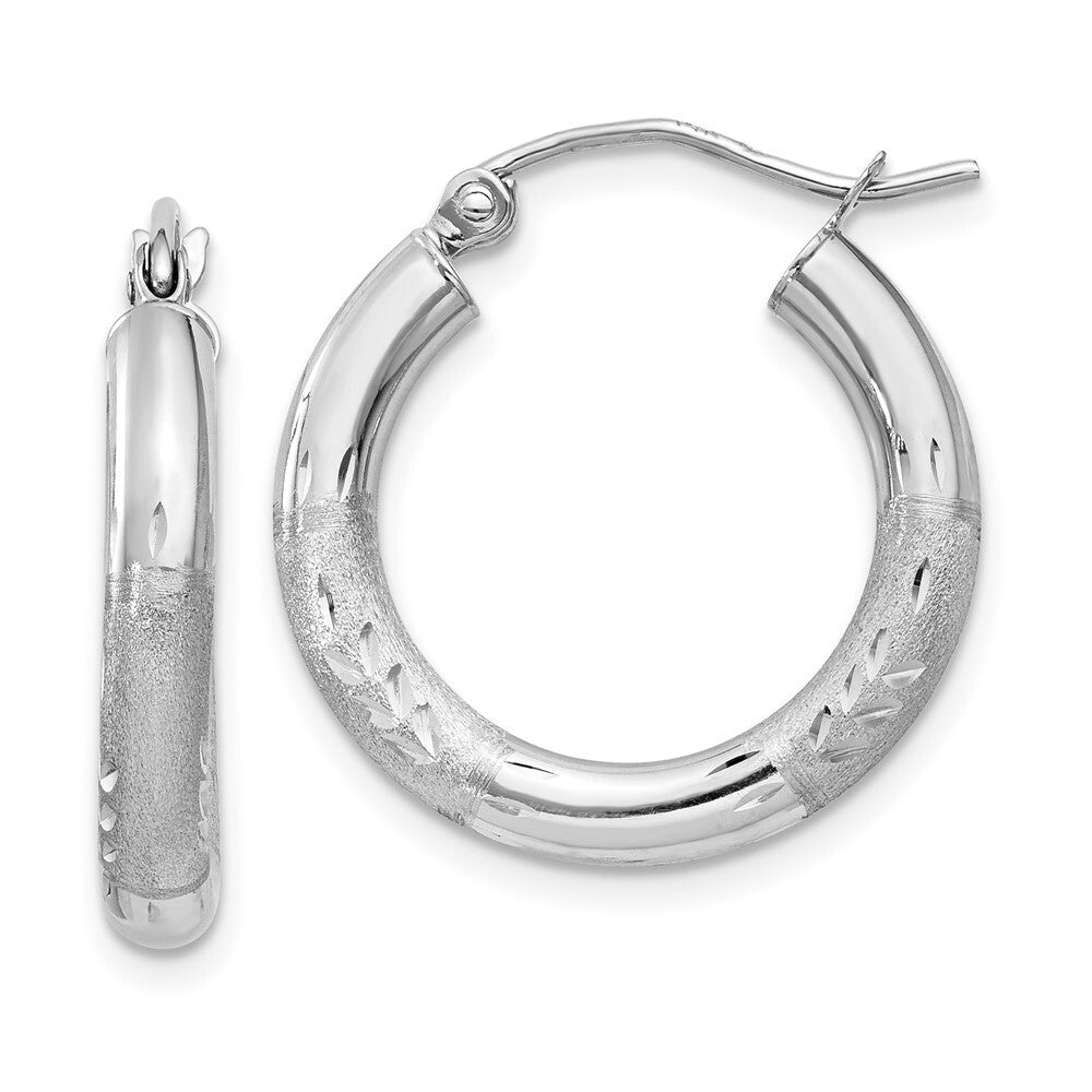 14k White Gold Satin and Diamond-cut 3mm Round Hoop Earrings Gift for Women