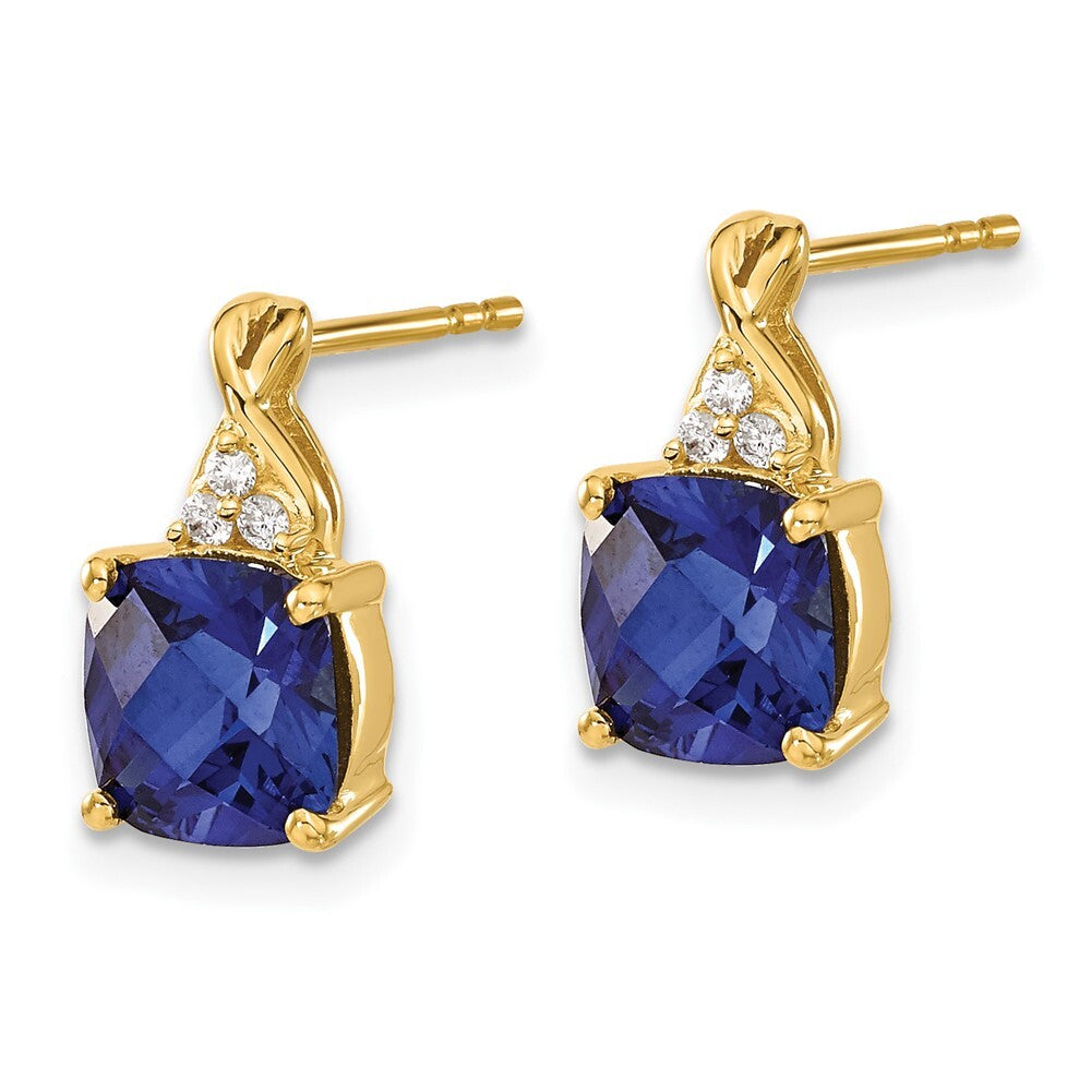 14k Yellow Gold Checkerboard Created Sapphire and Diamond Drop & Dangle Earrings
