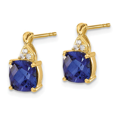 14k Yellow Gold Checkerboard Created Sapphire and Diamond Drop & Dangle Earrings
