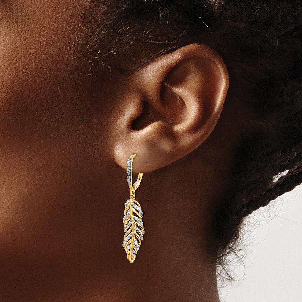 14k Yellow Gold Diamond Fancy Feather Leverback Drop & Dangle Earrings