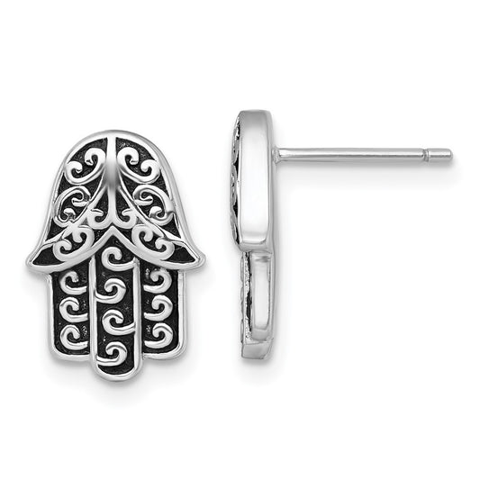 Sterling Silver Rhodium-plated  and Oxidized Filigree Hamsa Post Earrings