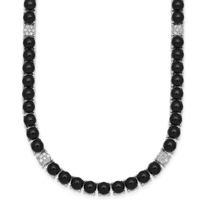 Sterling Silver Polished Pave CZ and Onyx 17 Inch with 3 Inch Extension Necklace