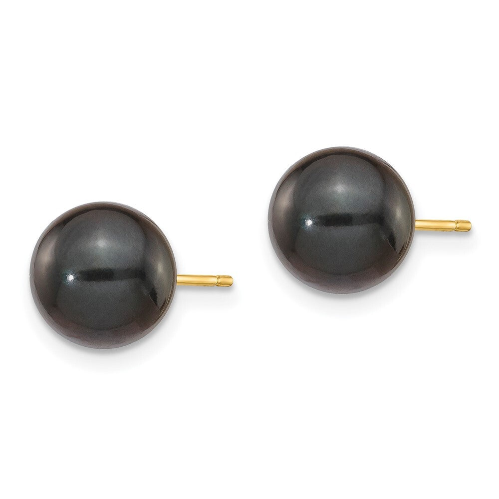14k Yellow Gold 8-9mm Black Round Akoya Saltwater Cultured Pearl Stud Earrings