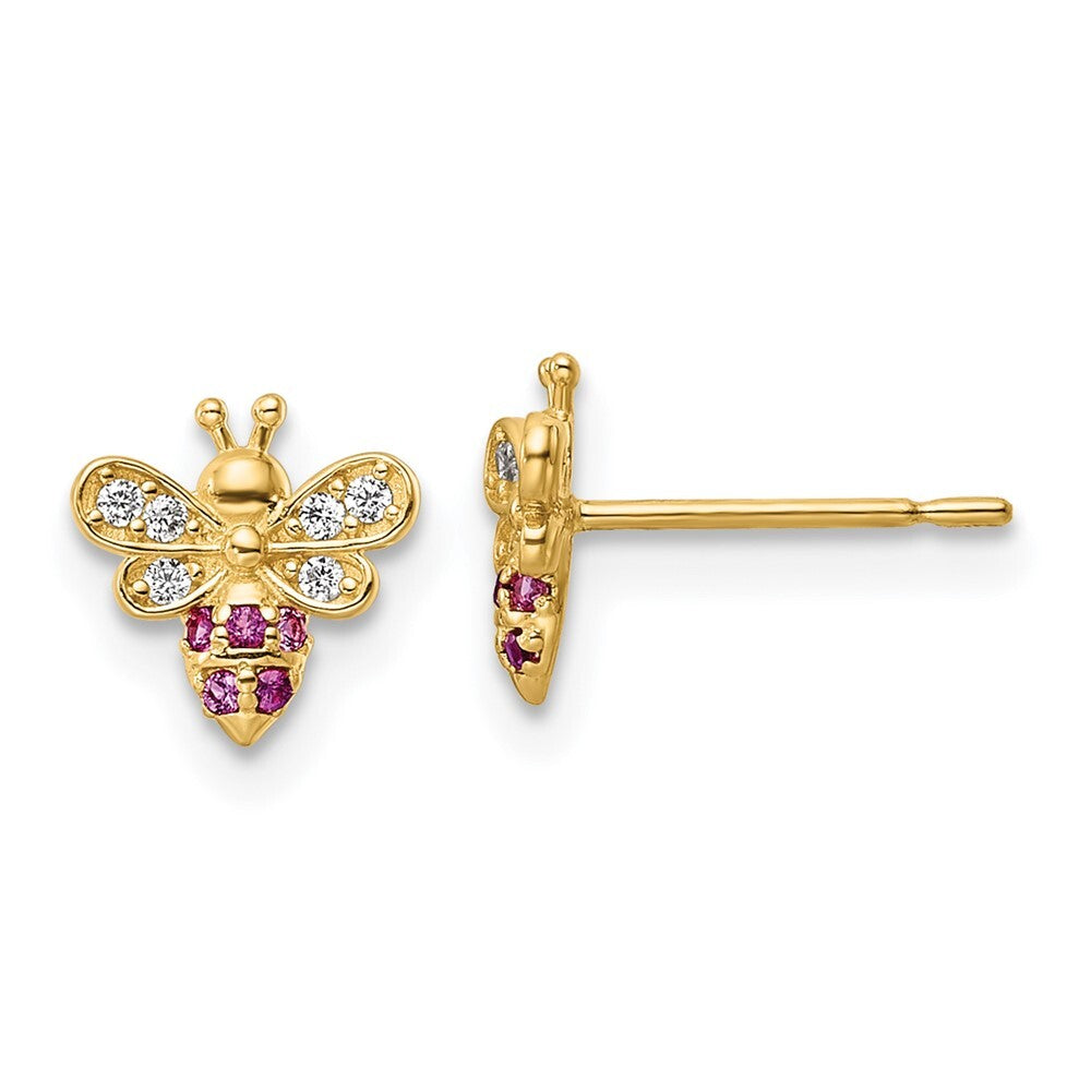 14k Yellow Gold Clear & Red Cubic Zirconia Bee Stud Earrings Gift for Women
