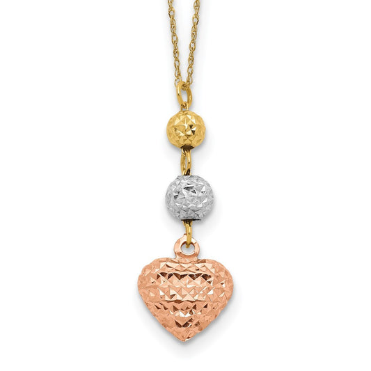14K Tri-color Gold Ropa Diamond Cut Beads & Heart w/ 2in Ext Necklace