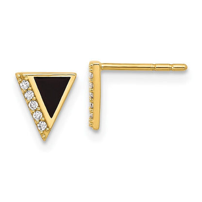 14k Yellow Gold Cubic Zirconia Black Epoxy Triangle Stud Earrings