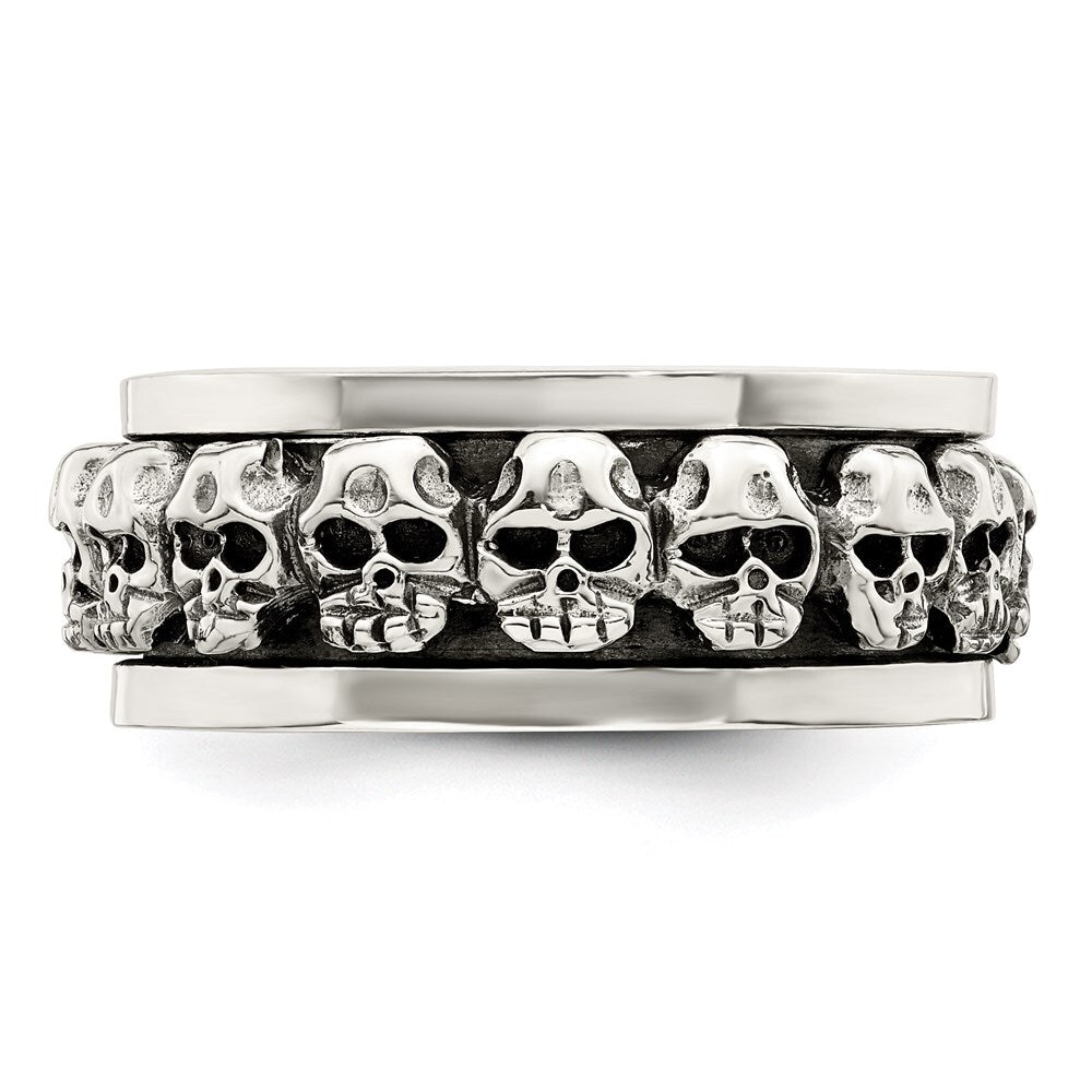 Sterling Silver Polished Spinning Center Antiqued Skull Ring Size 10