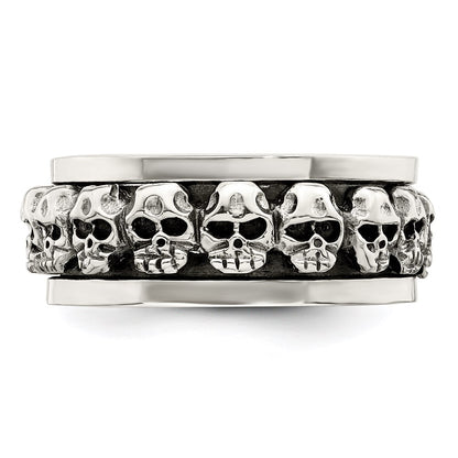 Sterling Silver Polished Spinning Center Antiqued Skull Ring Size 10