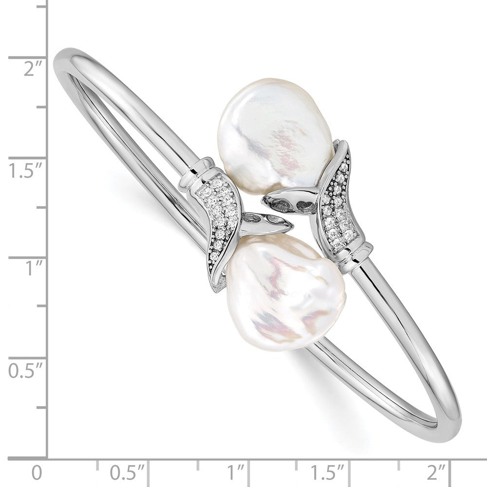 Sterling Silver 16-17mm White Keshi Cultured Pearl and CZ Flexible Bangle
