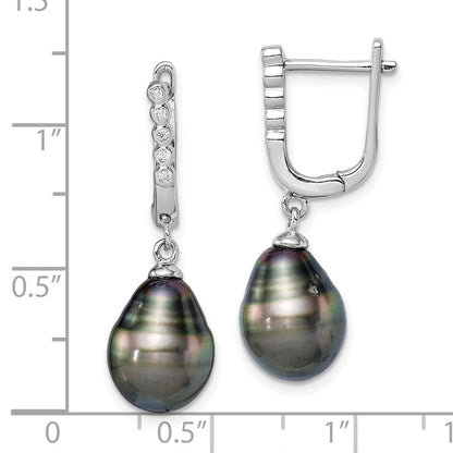 Sterling Silver 9mm Black Tahitian Saltwater Cultured Pearl & CZ Dangle Earrings