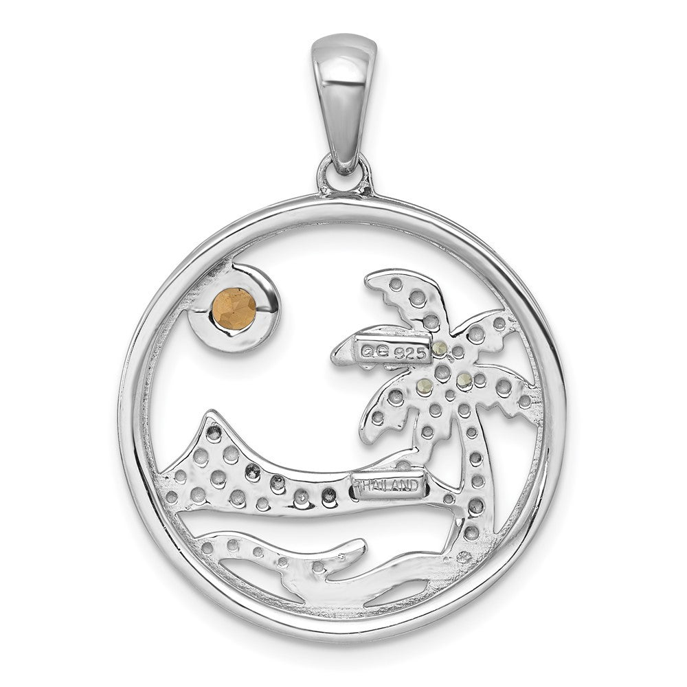 Sterling Silver Polished & Grooved Citrine & Peridot Beach Scene Circle Pendant
