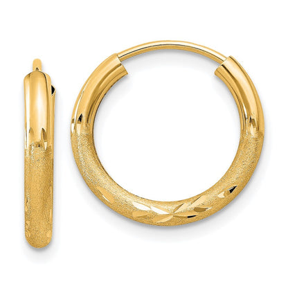 14k Yellow Gold 2mm Satin Diamond-cut Endless Hoop Earrings Gift for Women
