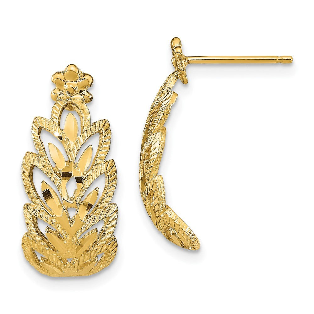 14k Yellow Gold Diamond-Cut Leaf Pattern Earrings
