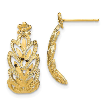 14k Yellow Gold Diamond-Cut Leaf Pattern Earrings