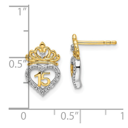 14K Two-tone Gold Polished Diamond Quinceanera Heart/Crown Earrings