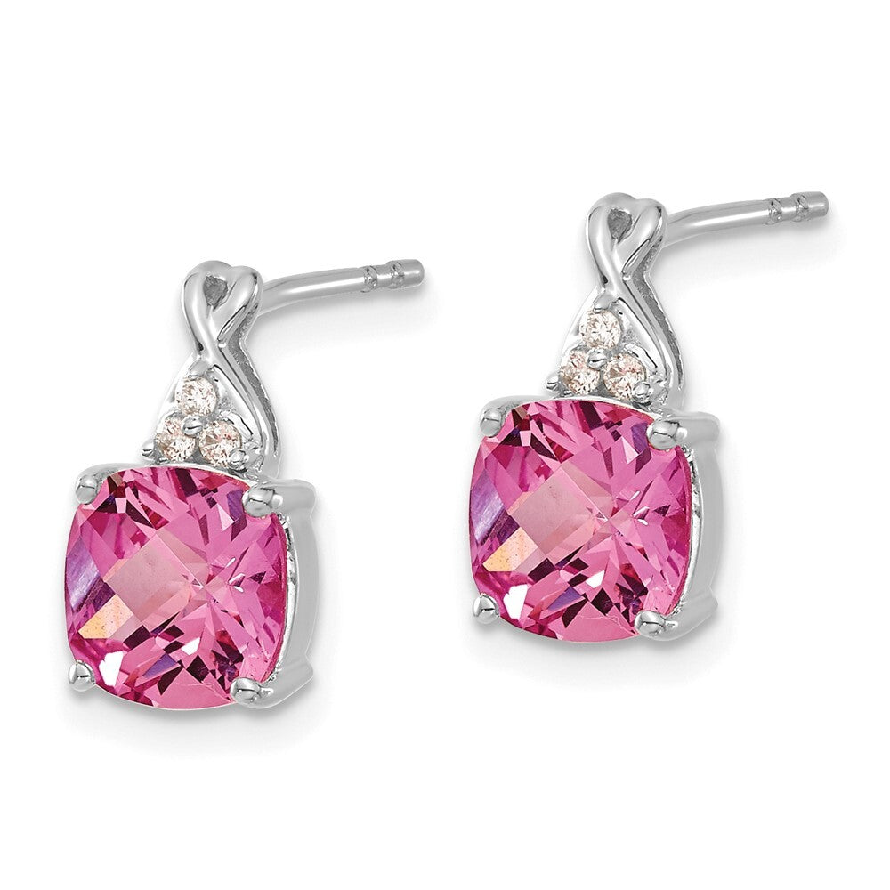 14K White Gold Checkerboard Created Pink Sapphire & Diamond Dangle Earrings