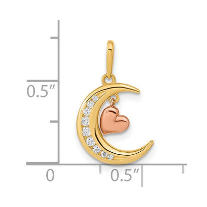 14K Two-tone CZ Moon with Dangle Heart Pendant
