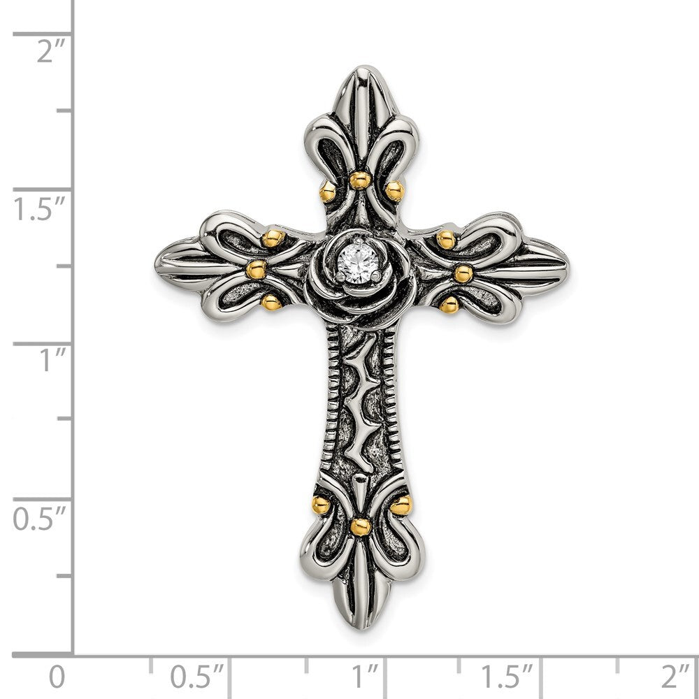 Sterling Silver Gold-plated Cubic Zirconia Antiqued Cross Slide