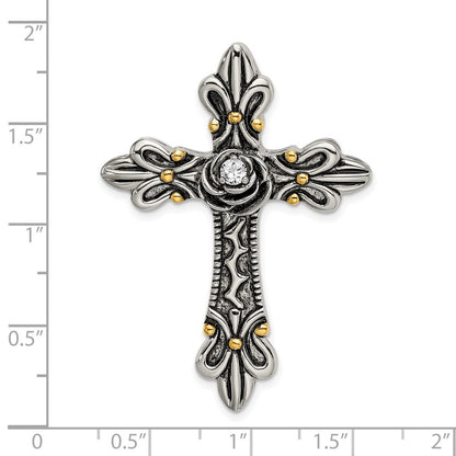 Sterling Silver Gold-plated Cubic Zirconia Antiqued Cross Slide