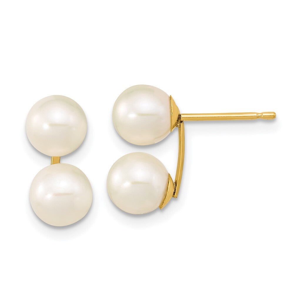 14k Yellow Gold 6-7mm White Round Freshwater Cultured Double Pearl Stud Earrings