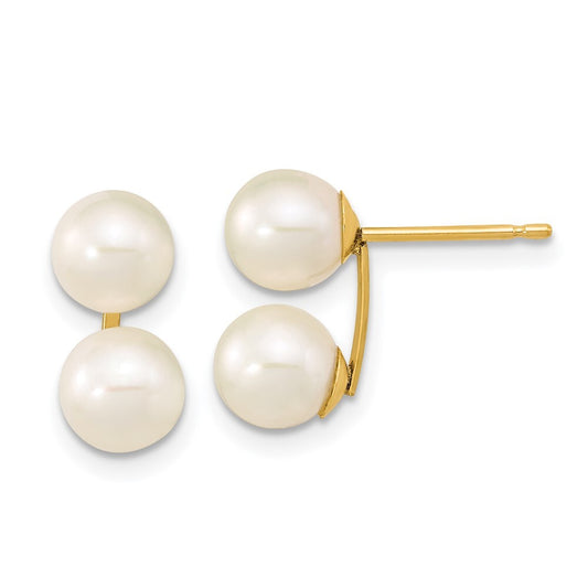 14k Yellow Gold 6-7mm White Round Freshwater Cultured Double Pearl Stud Earrings