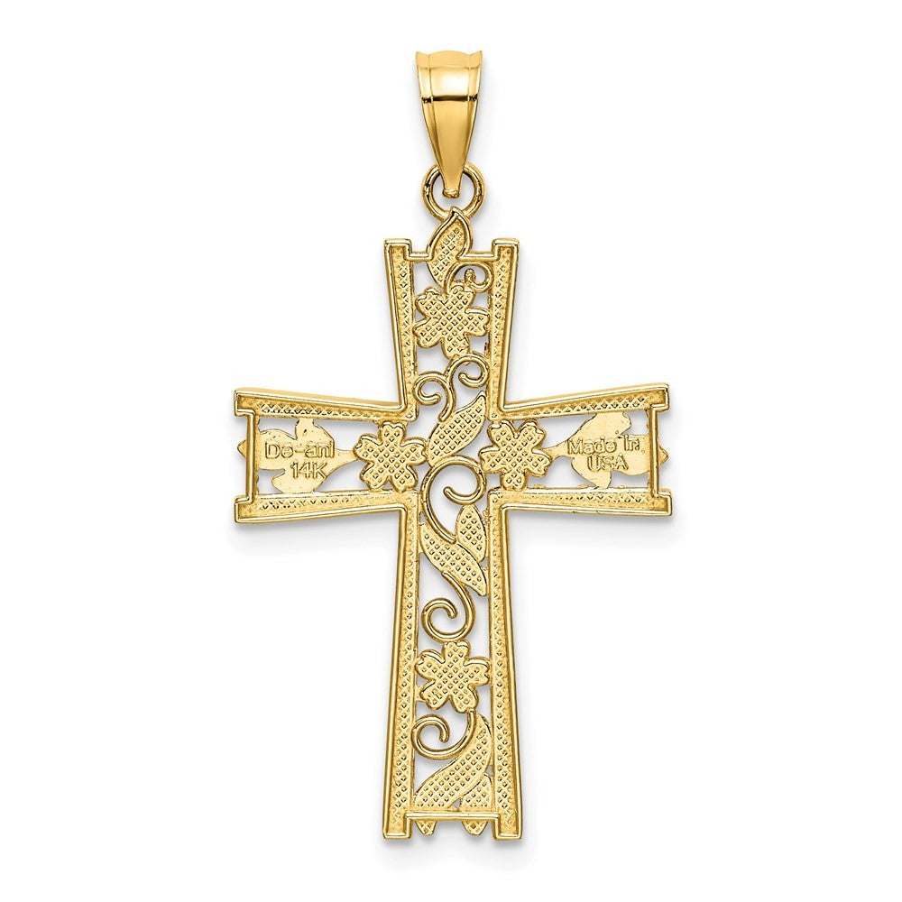 14k Yellow Gold W Rhodium and Diamond-Cut Flower Design Cross Charm