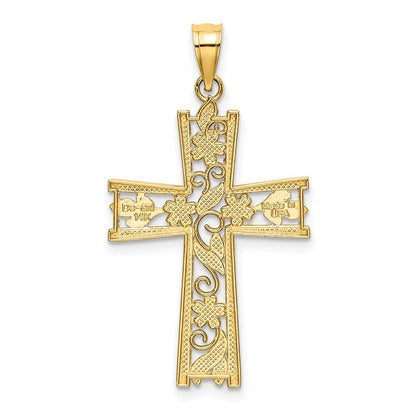 14k Yellow Gold W Rhodium and Diamond-Cut Flower Design Cross Charm