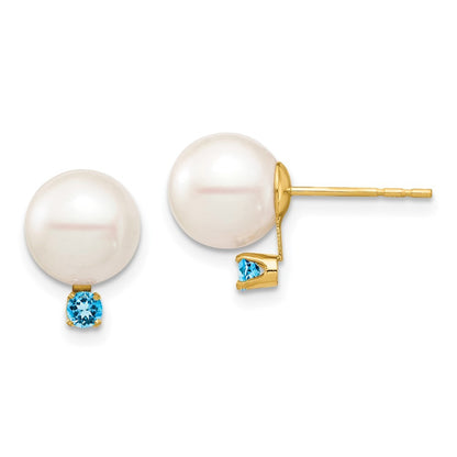 14k Yellow Gold 8-8.5mm Freshwater Cultured Pearl & Swiss Blue Topaz Earrings