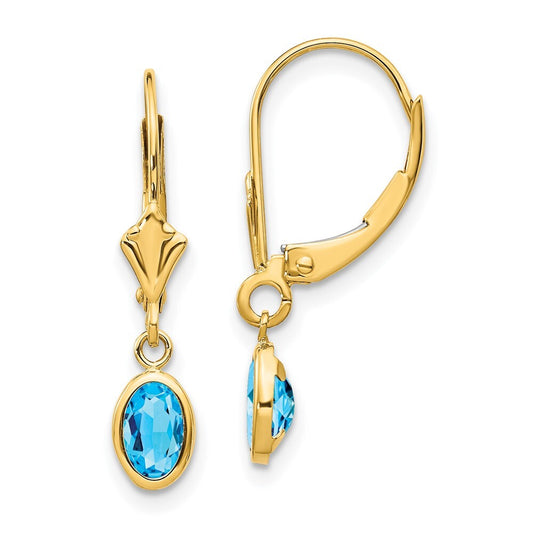 14k Yellow Gold 6x4 Oval Bezel December/Blue Topaz Dangle Earrings Leverback