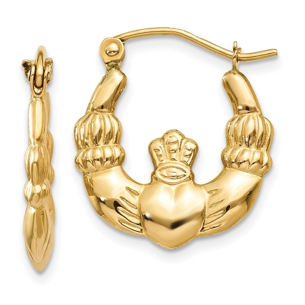 14k Yellow Gold Polished Claddagh Hoop Earrings Gift for Women