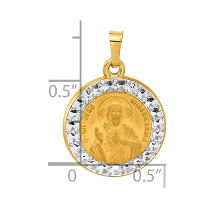 14k Yellow Gold and White Rhodium Hollow Sacred Heart of Jesus Medal Pendant