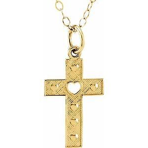 14k Yellow Gold Pierced Heart Cross 15" Necklace Gift for Women