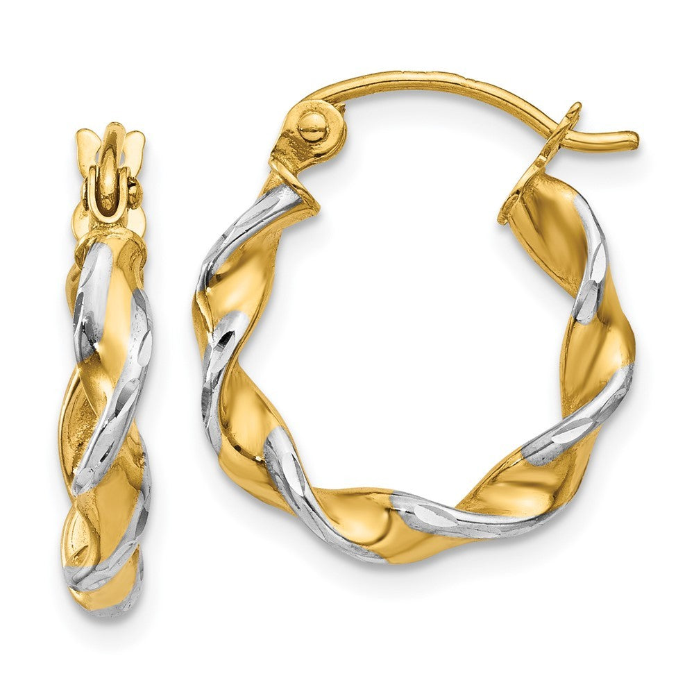 14k Yellow Gold w/ White Rhodium Polished 2.75mm Fancy Twisted Hoop Earrings