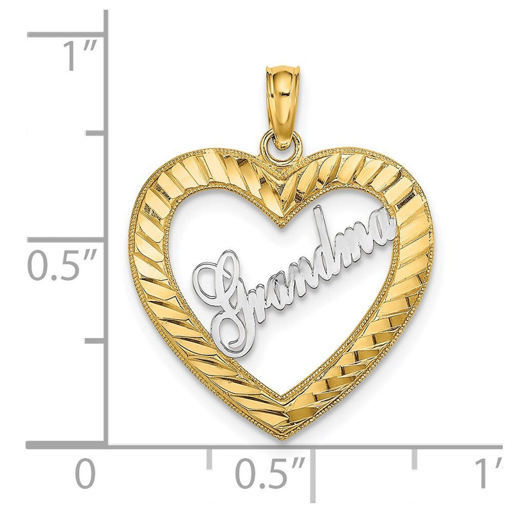 14k Yellow Gold  White Rhodium Diamond-cut Heart GRANDMA Charm Pendant