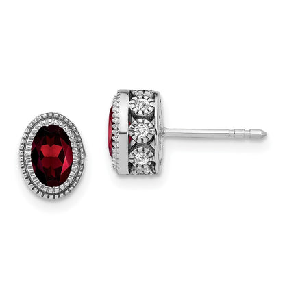 14k White Gold Oval Garnet and Diamond Stud Earrings
