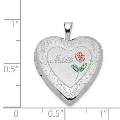 Sterling Silver Rhod-plated 20mm Diamond-cut & Enameled Mom Rose Heart Locket