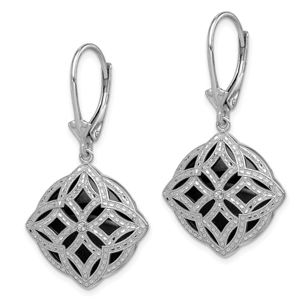 Sterling Silver Rhodium-plated Diamond-cut Onyx Leverback Dangle Earrings