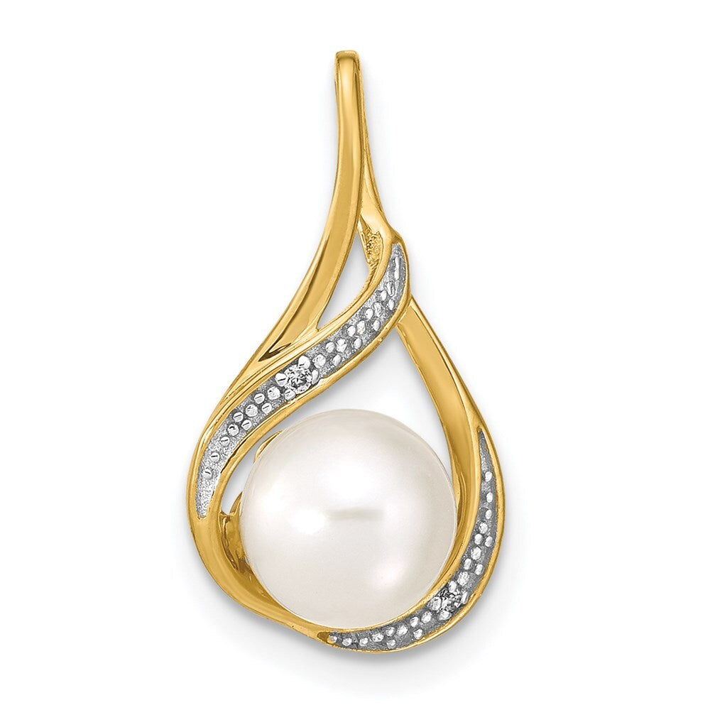 14k Yellow Gold 7-8mm White Round FW Cultured Pearl and Diamond Pendant
