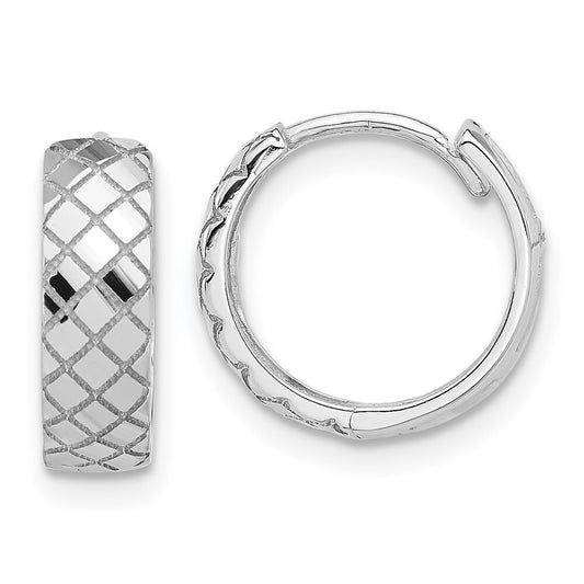 14K White Gold Polished and Etched Hinged Hoop Earrings Gift for Women