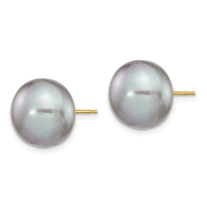 14k Yellow Gold 12-13mm Grey Button Freshwater Cultured Pearl Stud Earrings