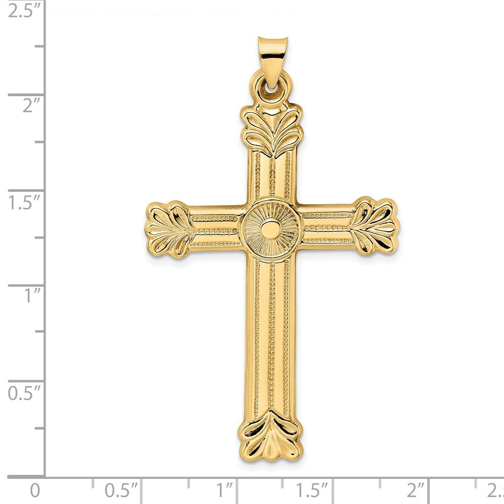 14k Yellow Gold Polished and Textured Circle Center Cross Pendant